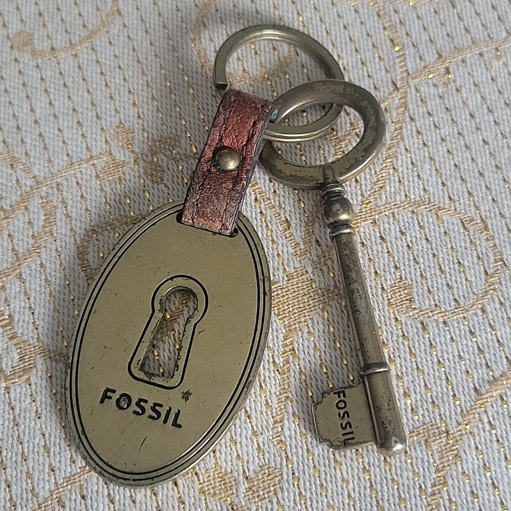 Fossil Brass Key and Leather Keychain